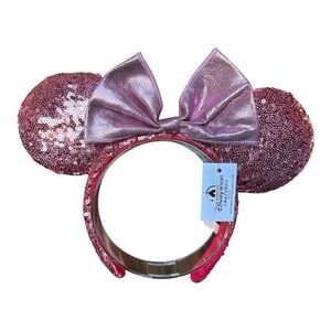 Disney Pretty Pink Minnie Mouse Sequin Ears Headband With Pink Shimmer Bow NWT 1